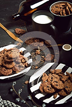 hot sweet dessert cookies biscuit bakery with chocolate and milk in cup mug, kitchen with cooking, vintage table, food and drink,
