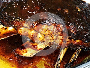 Hot tasty barbecue, shashlik, kebab, skewer close up.