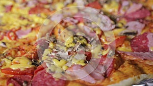 Hot tasty pizza with salami, close up, Italian pizza