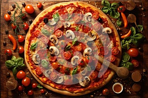 Hot tasty traditional pepperoni italian pizza with salami, olives, cheese, tomatoes, basil and mushrooms on wooden table decorated