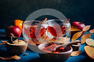 Hot tea with cinnamon sticks on blue background