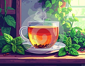Hot Tea Cup with Fresh Mint Leaves on Windowsill
