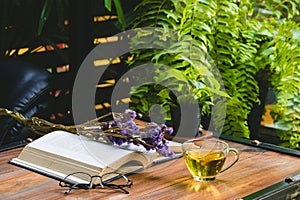 Hot tea in a cup with open book and reading glasses with dried f