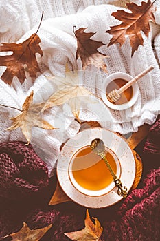 Hot tea with honey,  warm sweaters and autumn leaves