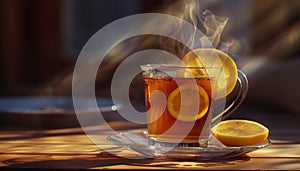 Hot tea with lemon slice, refreshing and healthy drink