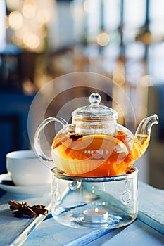 Hot tea with orange and cinnamon