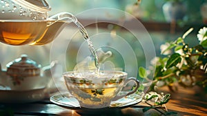 Hot tea is pouring from a teapot into cup with magical morning background