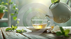 Hot tea is pouring from a teapot into cup with magical morning background