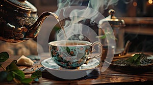 Hot tea is pouring from a teapot into cup with magical morning background