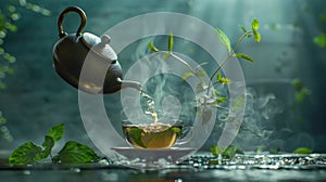 Hot tea is pouring from a teapot into cup with magical morning background