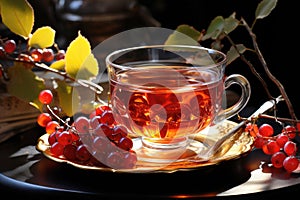 Hot tea from viburnum berries in a transparent cup. Vitamin drink to strengthen the immune system