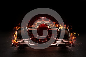 Hot team motor sports racing car with studio lighting and fire effect.