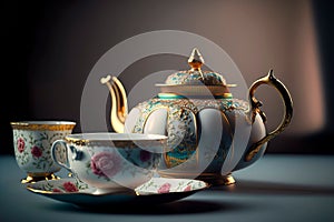 Hot Teapot And Teacups vintage Tea Set Generative AI
