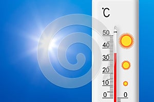 Hot temperature and summer heat. Thermometer shows plus 36 degrees