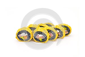 Hot Tempura black rice Sushi Roll with raw salmon, tuna, rockfish fillet isolated on white background