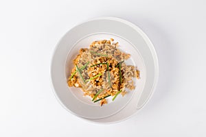 Hot Thai spicy fried rice on white plate background