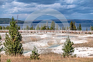 Hot thermal spring Abyss Pool in Yellowstone National Park, West Thumb Geyser Basin area, Wyoming, USA