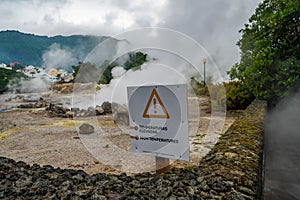 Hot thermal springs and geysers in Furnas Village, Sao Miguel island, Azores, Portugal.