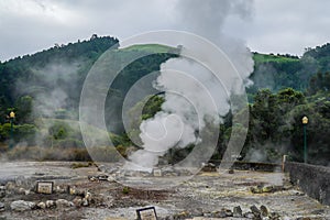 Hot thermal springs and geysers in Furnas Village, Sao Miguel island, Azores, Portugal.
