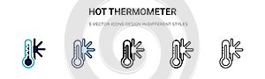 Hot thermometer icon in filled, thin line, outline and stroke style. Vector illustration of two colored and black hot thermometer