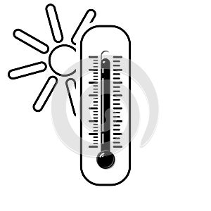 Hot thermometer with a sun in black and white style. Temperature weather thermometers meteorology, temp control