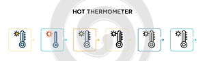 Hot thermometer vector icon in 6 different modern styles. Black, two colored hot thermometer icons designed in filled, outline,