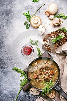 Hot thick mushroom soup with beef, spices and wholegrain barley, meat broth. With black bread, in metal pan, top view, flat lay,