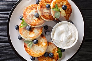 Hot traditional syrniki with blueberries, mint and sour cream closeup in a plate. Horizontal top view