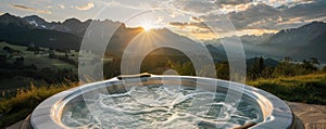 Hot tub with a mountain view at sunset