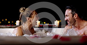 Hot tub, playful or couple laugh, talk or bond on Valetines Day date, anniversary conversation or funny honeymoon