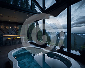 A hot tub sitting next to a large window