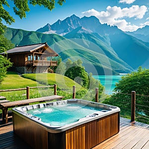 hot tub sitting on top of wooden deck next to wooden fence and mountain