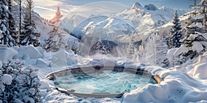 a hot tub surrounded by snow covered mountains,