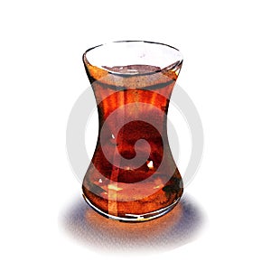 Hot turkish black tea in traditional glass, turkish aromatic drink, isolated, hand drawn watercolor illustration on