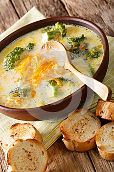 Hot vegetable broccoli cheese soup in a bowl with toasted bread