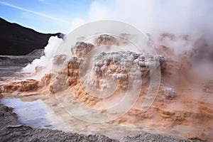 hot volcanic mud pool bubbling and spurting steam