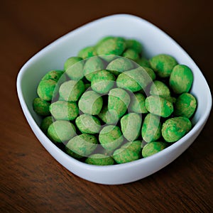 Hot Wasabi Peanuts. Wasabi coated peanuts close-up. Green spicy Japanese snack