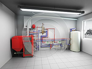 Hot water boiler Boiler room with a heating system 3d render