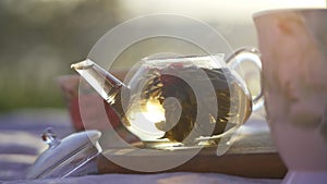 Hot water pours into full tea pot outside in nature on a bright sunny day