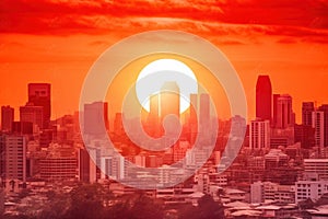 Hot Weather Red Sun Against City Background for Global Warming Concept Created with Generative AI Technology