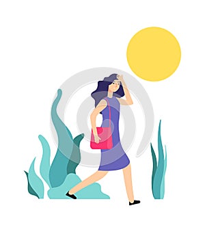 Hot weather. Sunny summer day, woman walks. Girl is hot, heat or sunstroke. Wrong summertime behavior vector