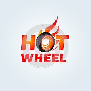 Hot Wheel in Fire flame Logo design vector template. Car Logotype. Concept icon for race, auto repair service, tire shop.