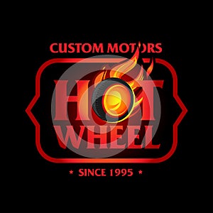 Hot Wheel in Fire flame Vintage Logo design template, black version. Car Logotype. T-shirt design.