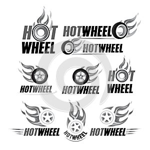 Hot wheel, Racing flat labels set. Blaze and flash logo, emblem, auto transport, flame tire, isolated illustrations.