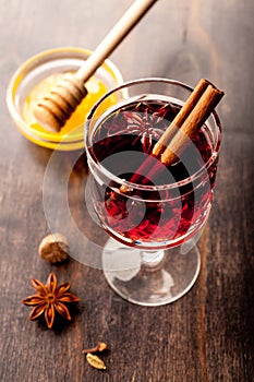 Hot wine (mulled wine) with spices and honey