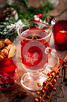 Hot wine punch with ingredients for Christmas