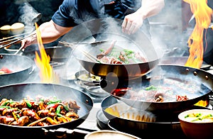 A hot wok with chef in a Chinese kitchen. back view of the chef, Chinese food being cooked in a wok on fire in the Chinese kitchen