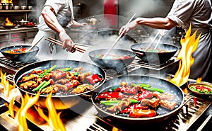 A hot wok with chef in a Chinese kitchen. back view of the chef, Chinese food being cooked in a wok on fire in the Chinese kitchen