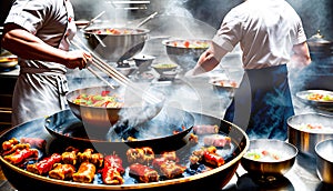 A hot wok with chef in a Chinese kitchen. back view of the chef, Chinese food being cooked in a wok on fire in the Chinese kitchen