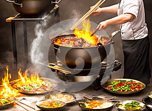 A hot wok with chef in a Chinese kitchen. back view of the chef, Chinese food being cooked in a wok on fire in the Chinese kitchen